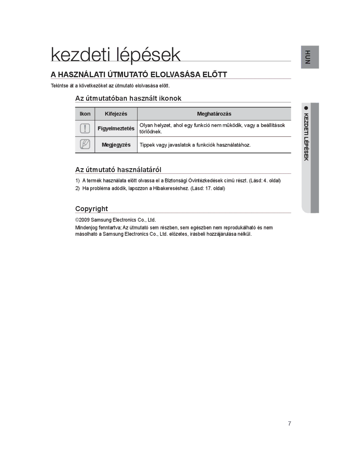 Samsung HT-WS1R/XEE manual Kezdeti lépések, Használati Útmutató Elolvasása Előtt, Az útmutatóban használt ikonok, Copyright 