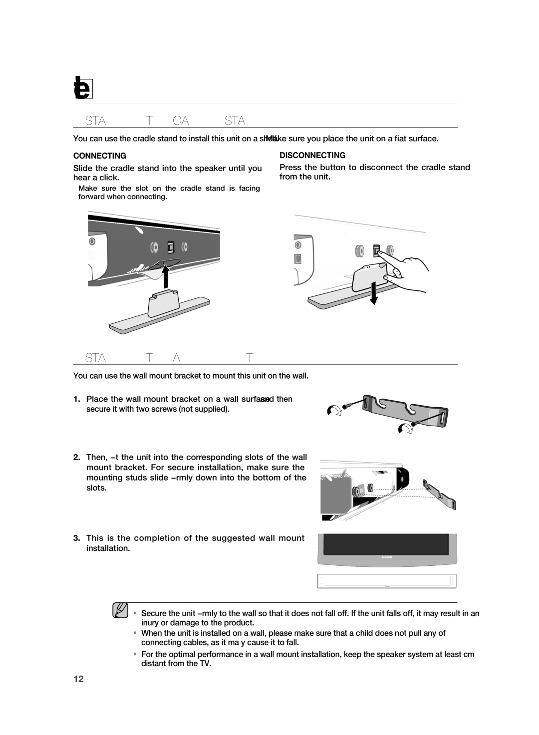 Samsung HT-WS1R/MEA, HT-WS1G/EDC, HT-WS1R/EDC manual Connections, INSTAllING the Cradle Stand, INSTAllING the WAll Mount 