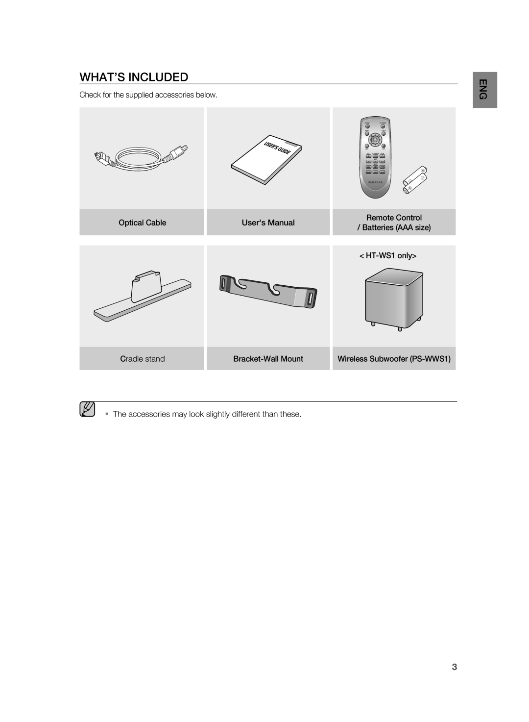 Samsung HT-WS1R/EDC, HT-WS1G/EDC, HT-WS1R/XEF, HT-SB1R/XEF, HT-WS1G/XEF, HT-SB1G/XEF, HT-WS1G/XET manual WHAT’s inclUDED 