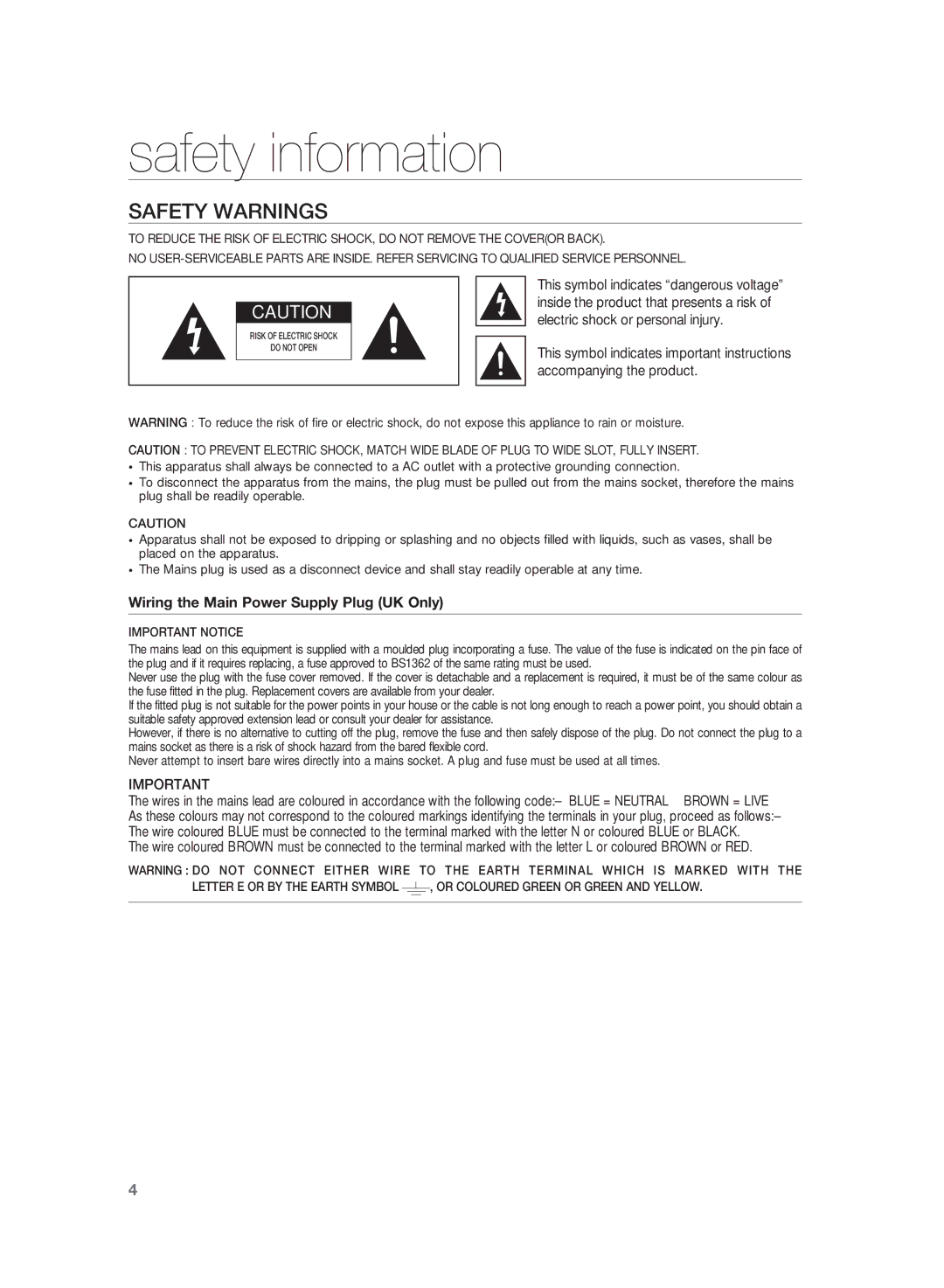 Samsung HT-WS1R/XEF, HT-WS1G/EDC, HT-WS1R/EDC, HT-SB1R/XEF, HT-WS1G/XEF, HT-SB1G/XEF Safety information, Safety Warnings 