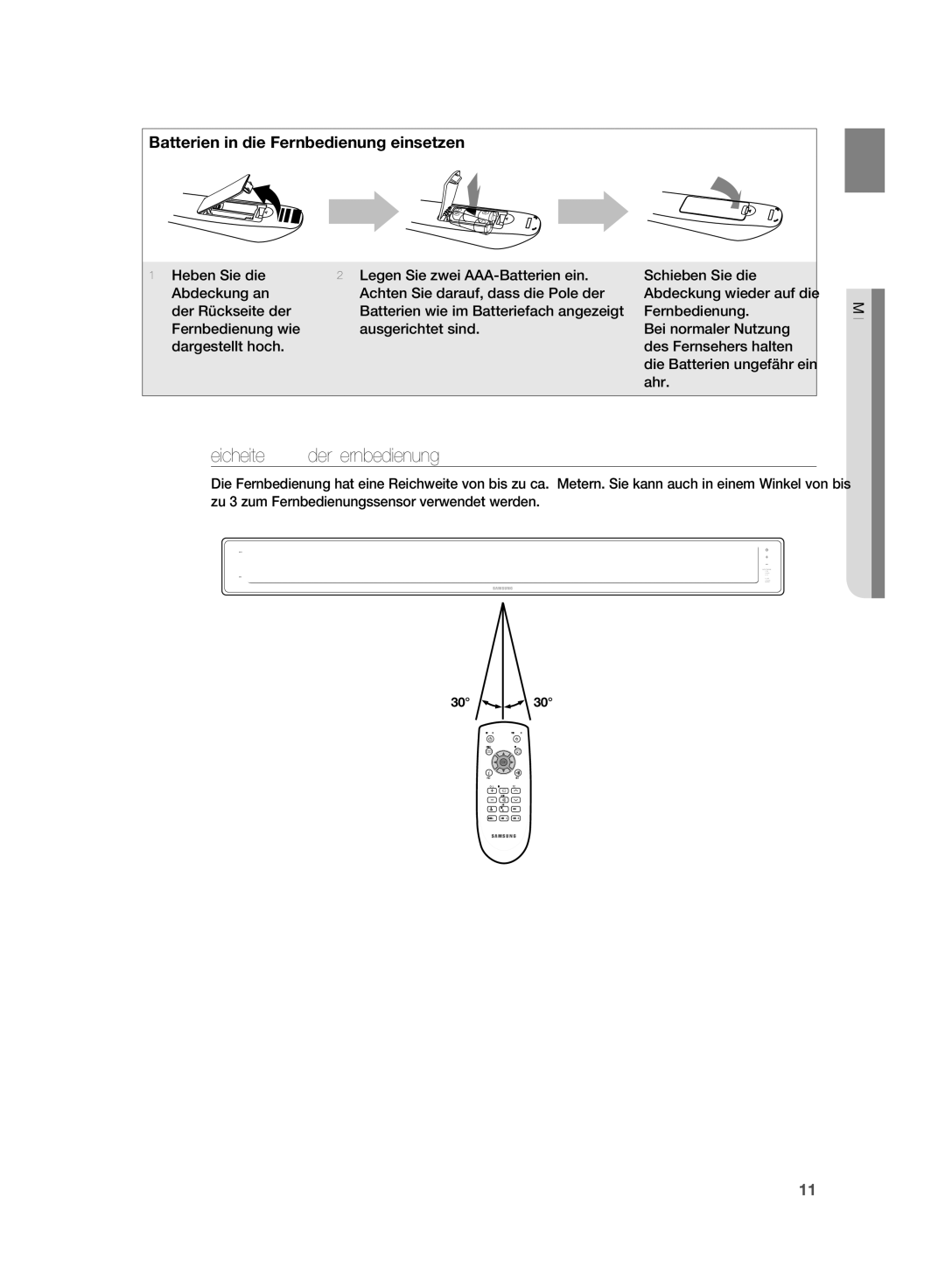 Samsung HT-SB1R/XEF, HT-WS1G/EDC, HT-WS1R/EDC, HT-WS1R/XEF, HT-WS1G/XEF, HT-SB1G/XEF manual Reichweite der Fernbedienung 