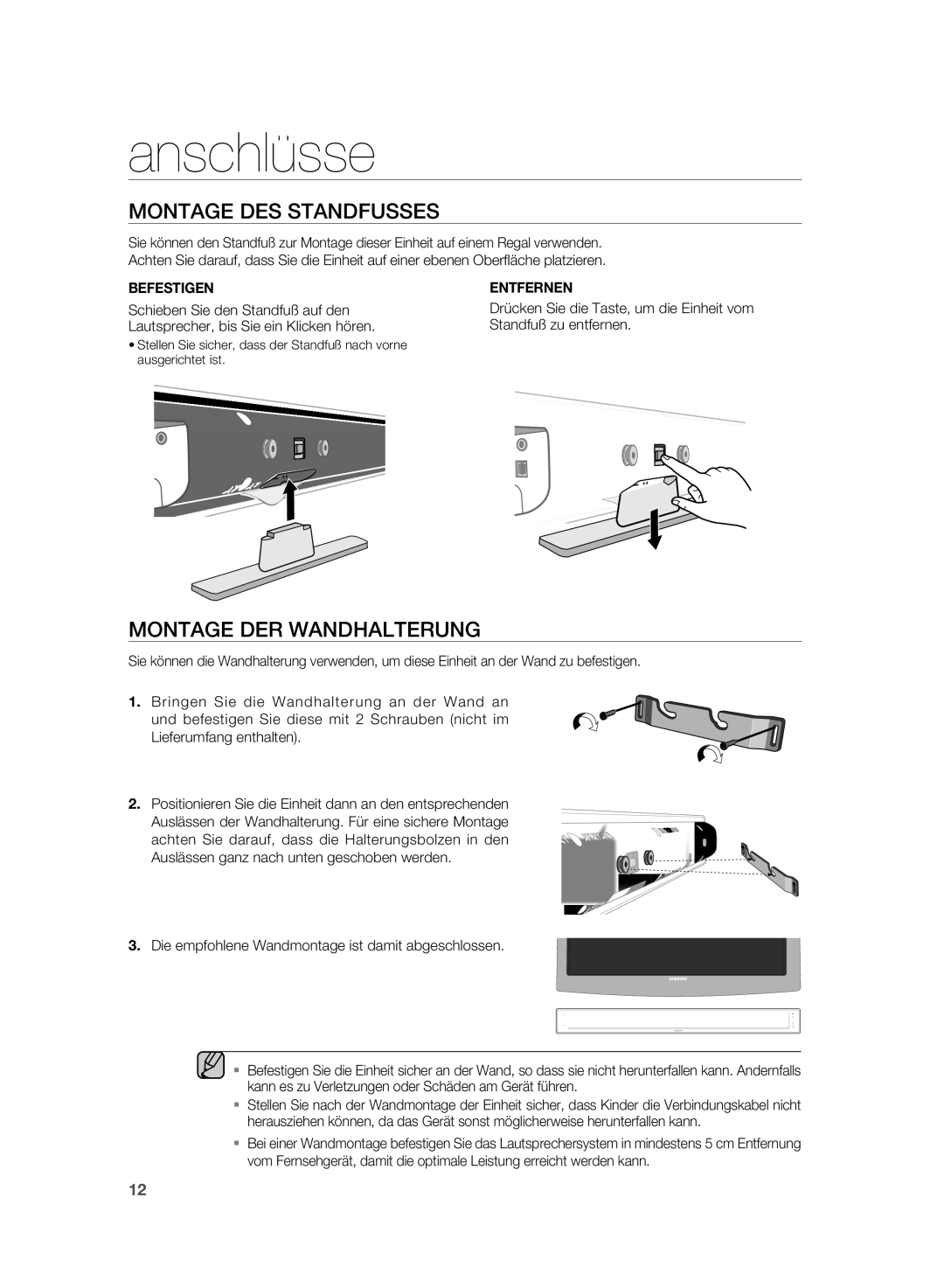 Samsung HT-WS1G/XEF, HT-WS1R manual Anschlüsse, Montage DES Standfusses, Montage DER Wandhalterung, Befestigen, Entfernen 