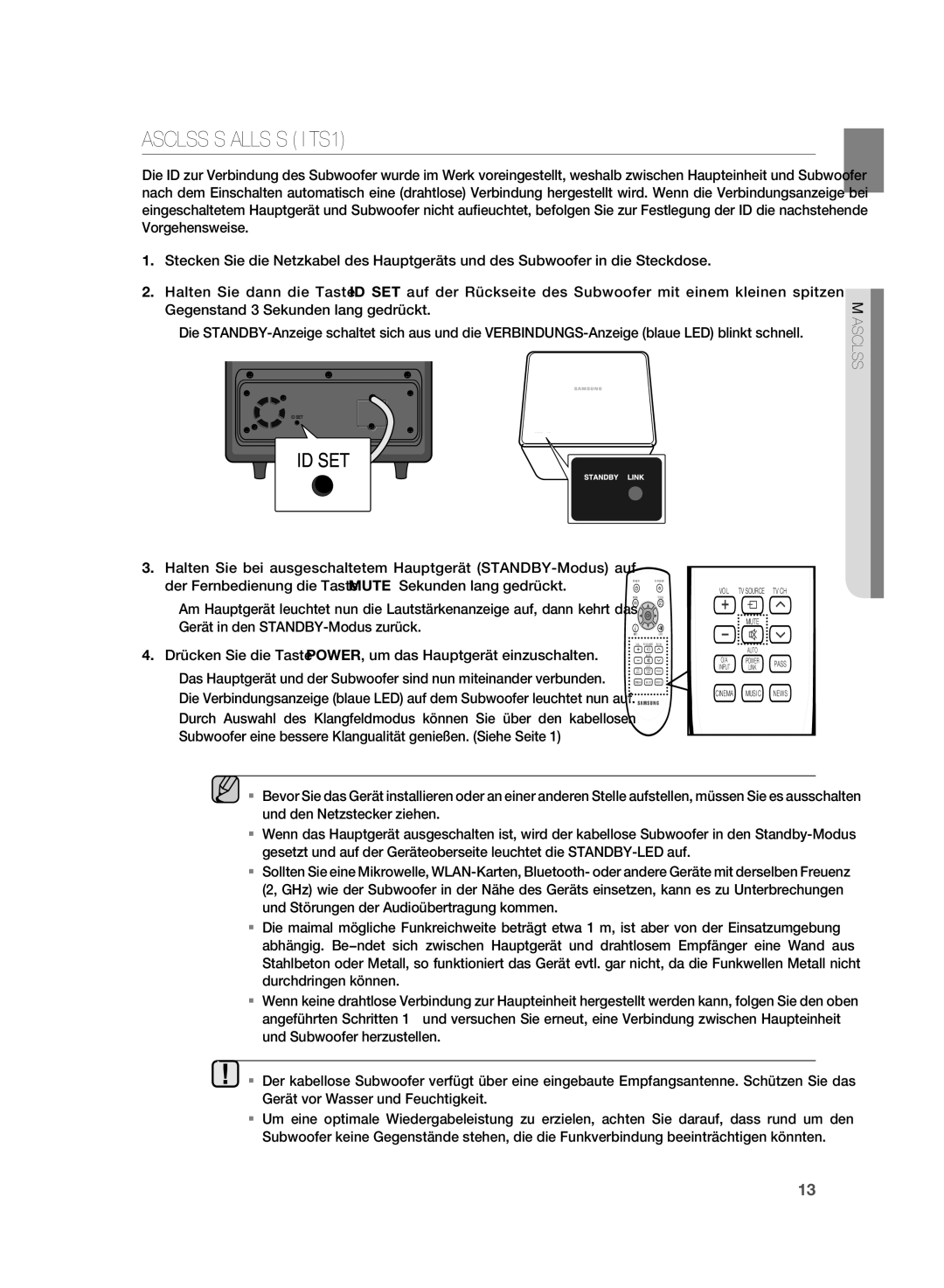 Samsung HT-SB1G/XEF, HT-WS1G/EDC, HT-WS1R/EDC, HT-WS1R/XEF, HT-SB1R/XEF Anschluss DES Kabellosen Subwoofer NUR BEI HT-WS1 