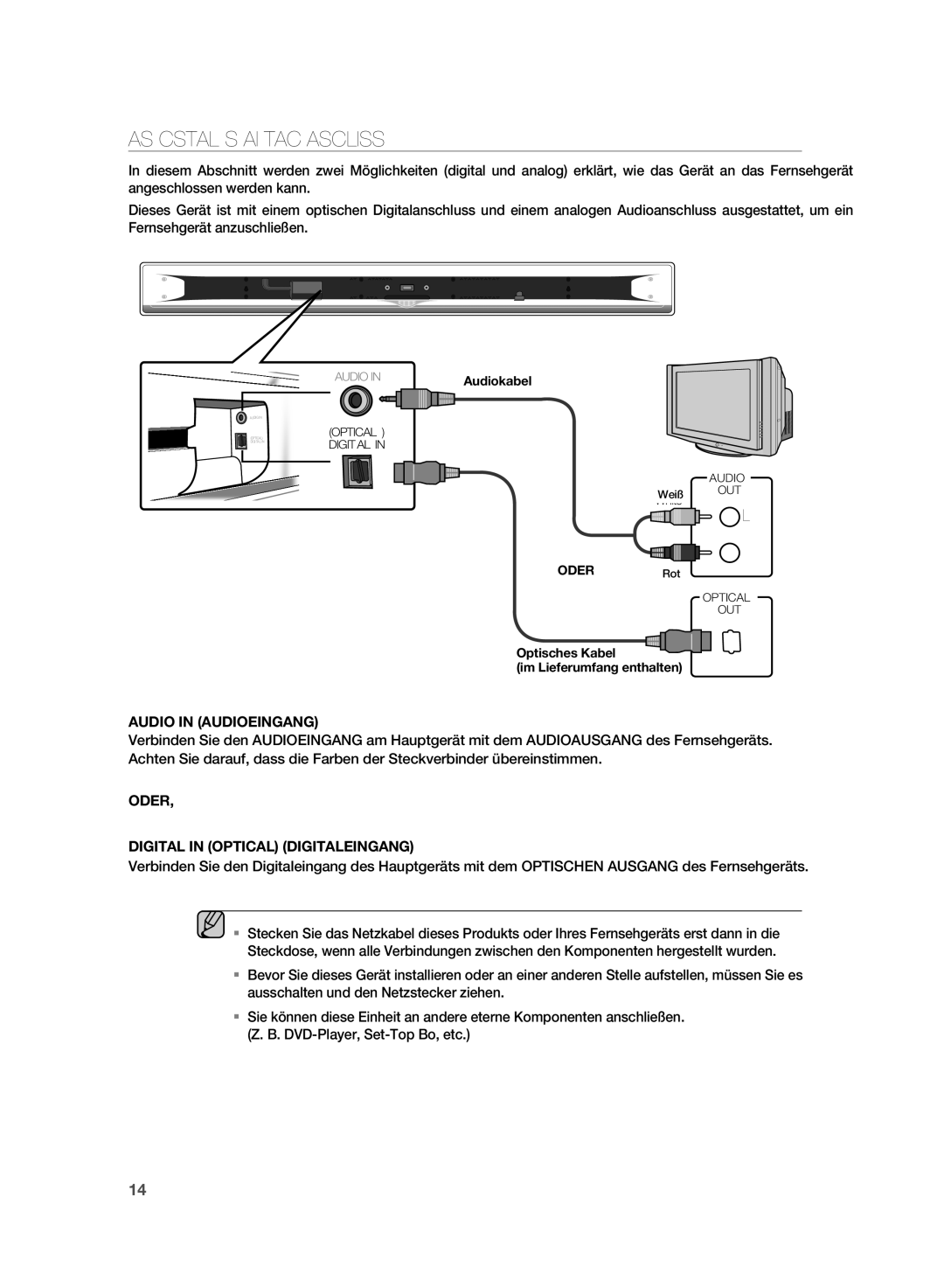 Samsung HT-WS1R DAS Crystal Surround AIR Track Anschliessen, Audio in Audioeingang, Oder Digital in Optical Digitaleingang 