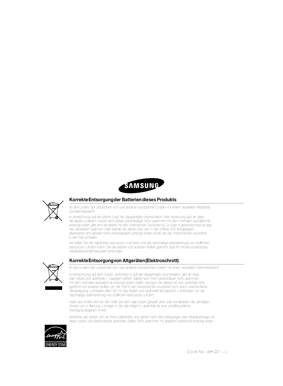 Samsung HT-SB1G/XEF, HT-WS1G/EDC, HT-WS1R/EDC, HT-WS1R/XEF, HT-SB1R/XEF Korrekte Entsorgung der Batterien dieses Produkts 