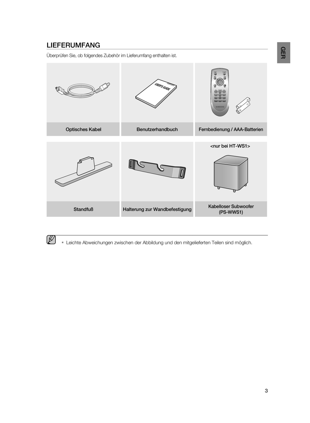 Samsung HT-WS1R/XEF, HT-WS1G/EDC, HT-WS1R/EDC, HT-SB1R/XEF, HT-WS1G/XEF, HT-SB1G/XEF manual Lieferumfang, Ger 