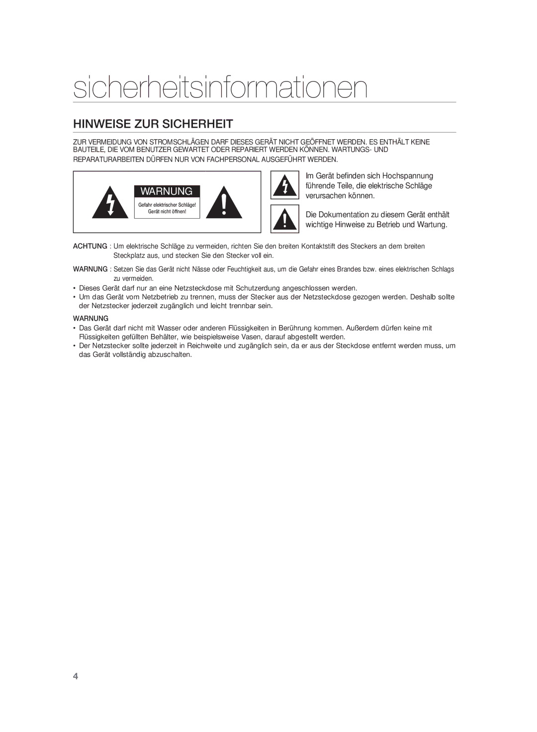 Samsung HT-SB1R/XEF, HT-WS1G/EDC, HT-WS1R/EDC, HT-WS1R/XEF, HT-WS1G/XEF Sicherheitsinformationen, Hinweise zur Sicherheit 