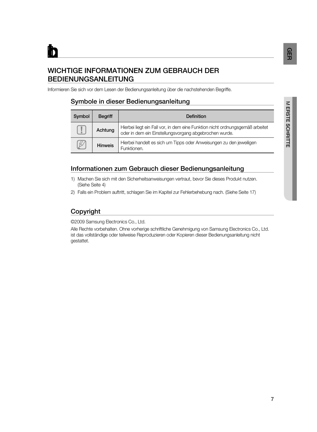 Samsung HT-WS1G/EDC, HT-WS1R/EDC manual Erste schritte, Wichtige Informationen ZUM Gebrauch DER Bedienungsanleitung 