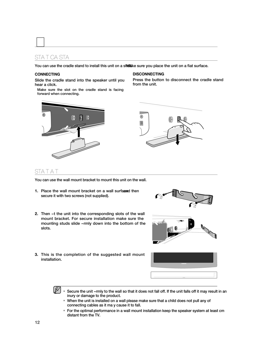 Samsung HT-WS1R/XSV, HT-WS1R/EDC, HT-WS1R/MEA manual Connections, INSTAllING the Cradle Stand, INSTAllING the WAll Mount 