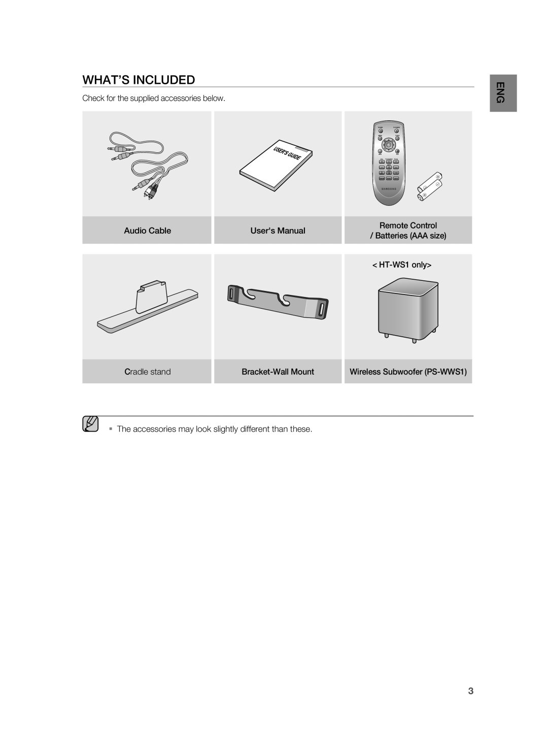 Samsung HT-SB1G/UMG, HT-WS1R/EDC, HT-WS1R/MEA, HT-SB1R/UMG, HT-WS1R/XSV, HT-SB1R/EDC, HT-SB1R/SAM, HT-WS1R/XFA WHAT’s inclUDED 