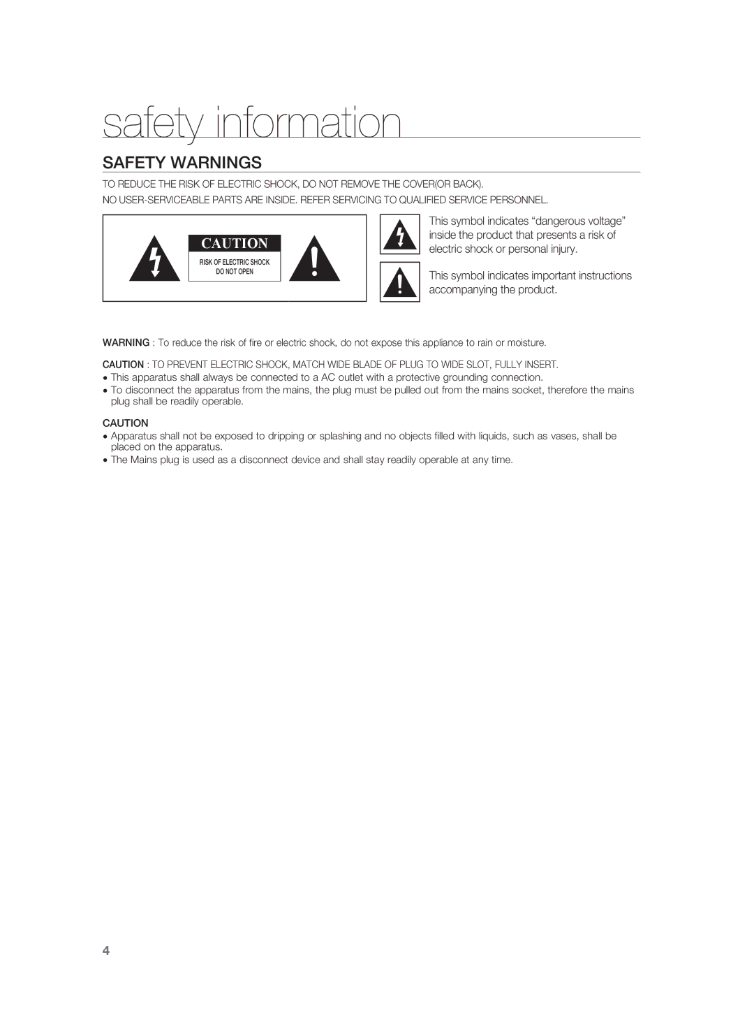 Samsung HT-WS1R/XSV, HT-WS1R/EDC, HT-WS1R/MEA, HT-SB1R/UMG, HT-SB1G/UMG, HT-SB1R/EDC manual Safety information, Safety Warnings 