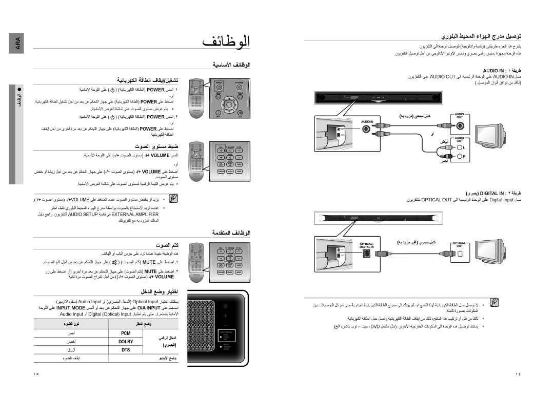 Samsung HT-WS1R/EDC, HT-WS1R/MEA, HT-SB1R/UMG manual ةيساسلأا فئاظولا يرولبلا طيحملا ءاوهلا جردم ليصوت, ةمدقتملا فئاظولا 