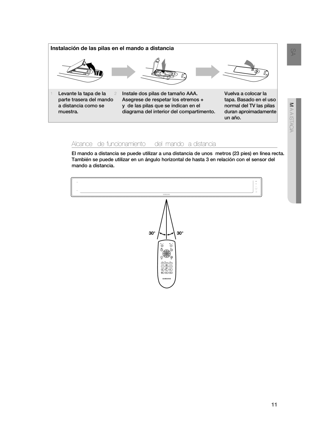 Samsung HT-SB1G/XET, HT-WS1R/XEF, HT-SB1G/XEF, HT-WS1G/XET, HT-WS1R/XET manual Alcance de funcionamiento del mando a distancia 