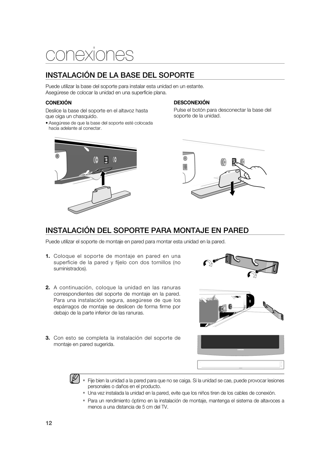 Samsung HT-WS1R/XEF manual Conexiones, Instalación DE LA Base DEL Soporte, Instalación DEL Soporte Para Montaje EN Pared 