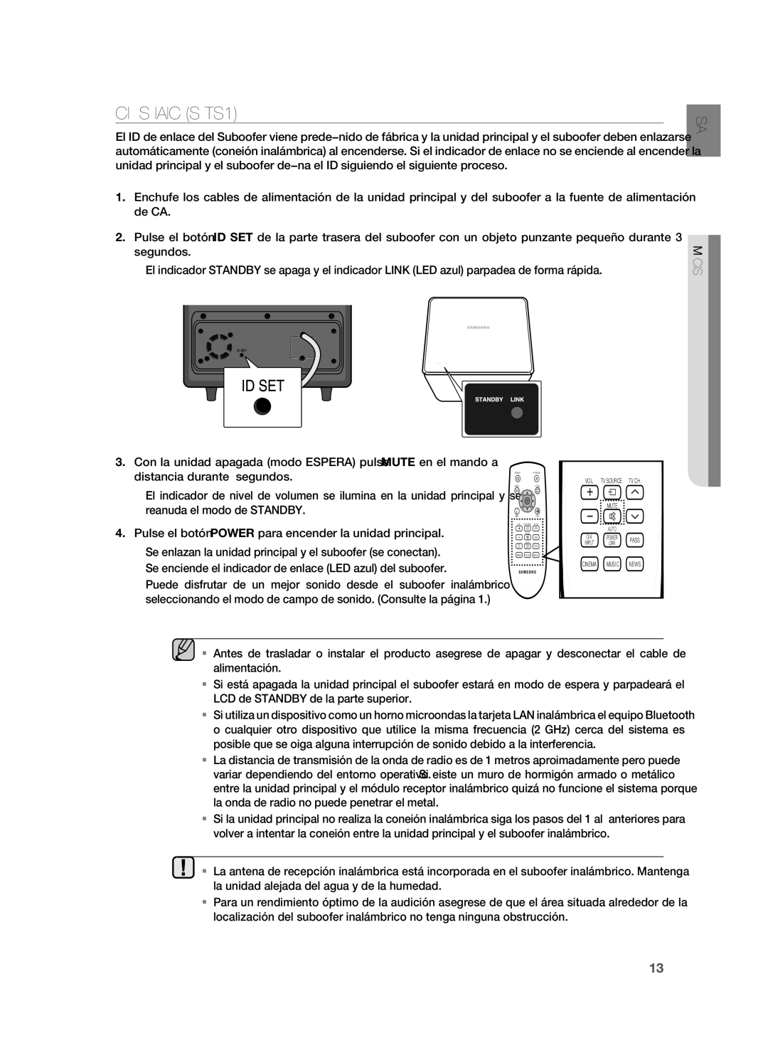 Samsung HT-SB1G/XEF, HT-WS1R/XEF, HT-WS1G/XET, HT-WS1R/XET, HT-SB1R/XET manual Conexión DEL Subwoofer Inalámbrico Sólo HT-WS1 