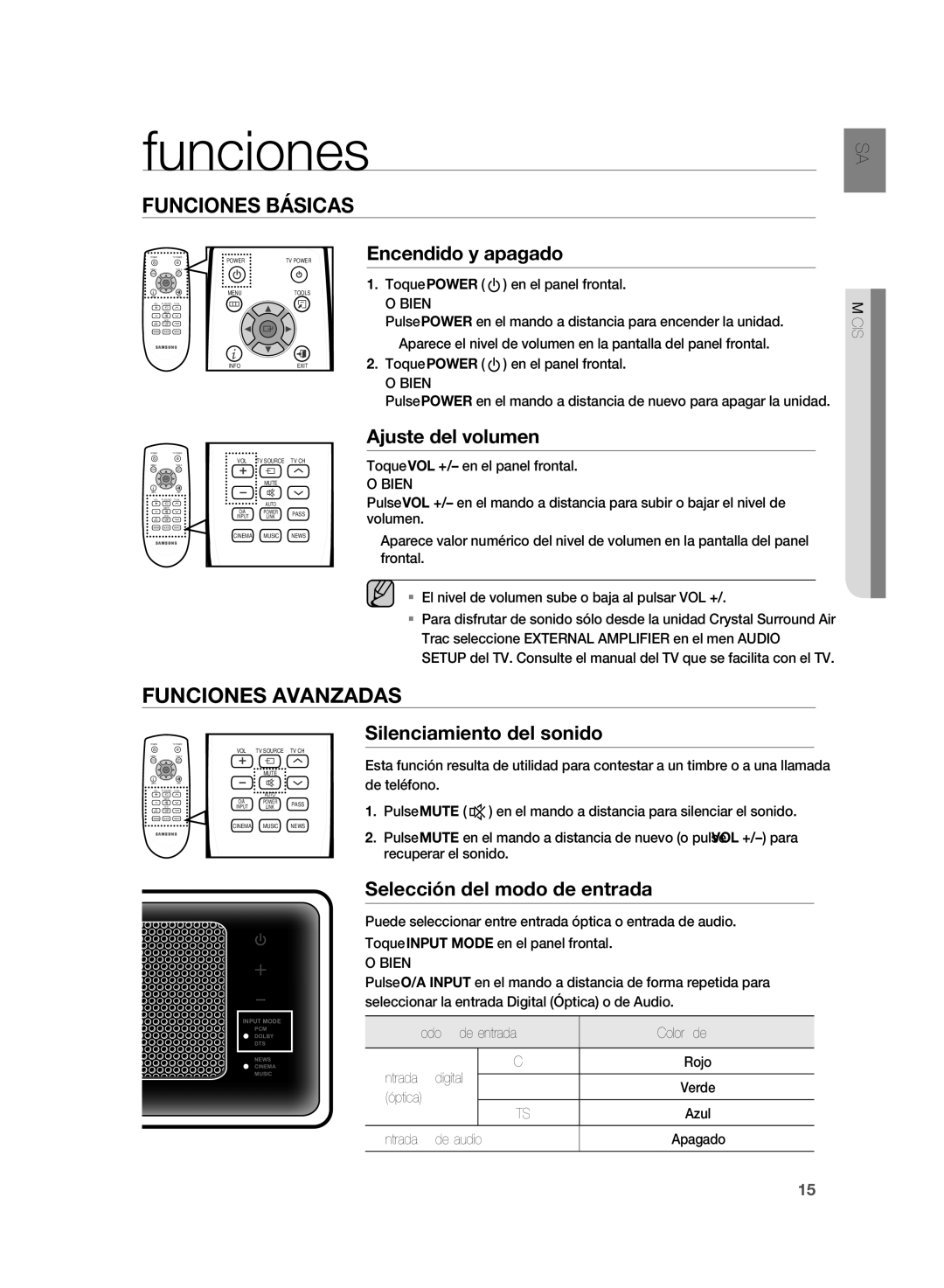 Samsung HT-WS1R/XET, HT-WS1R/XEF, HT-SB1G/XEF, HT-WS1G/XET, HT-SB1R/XET, HT-SB1G/XET manual Funciones Básicas 