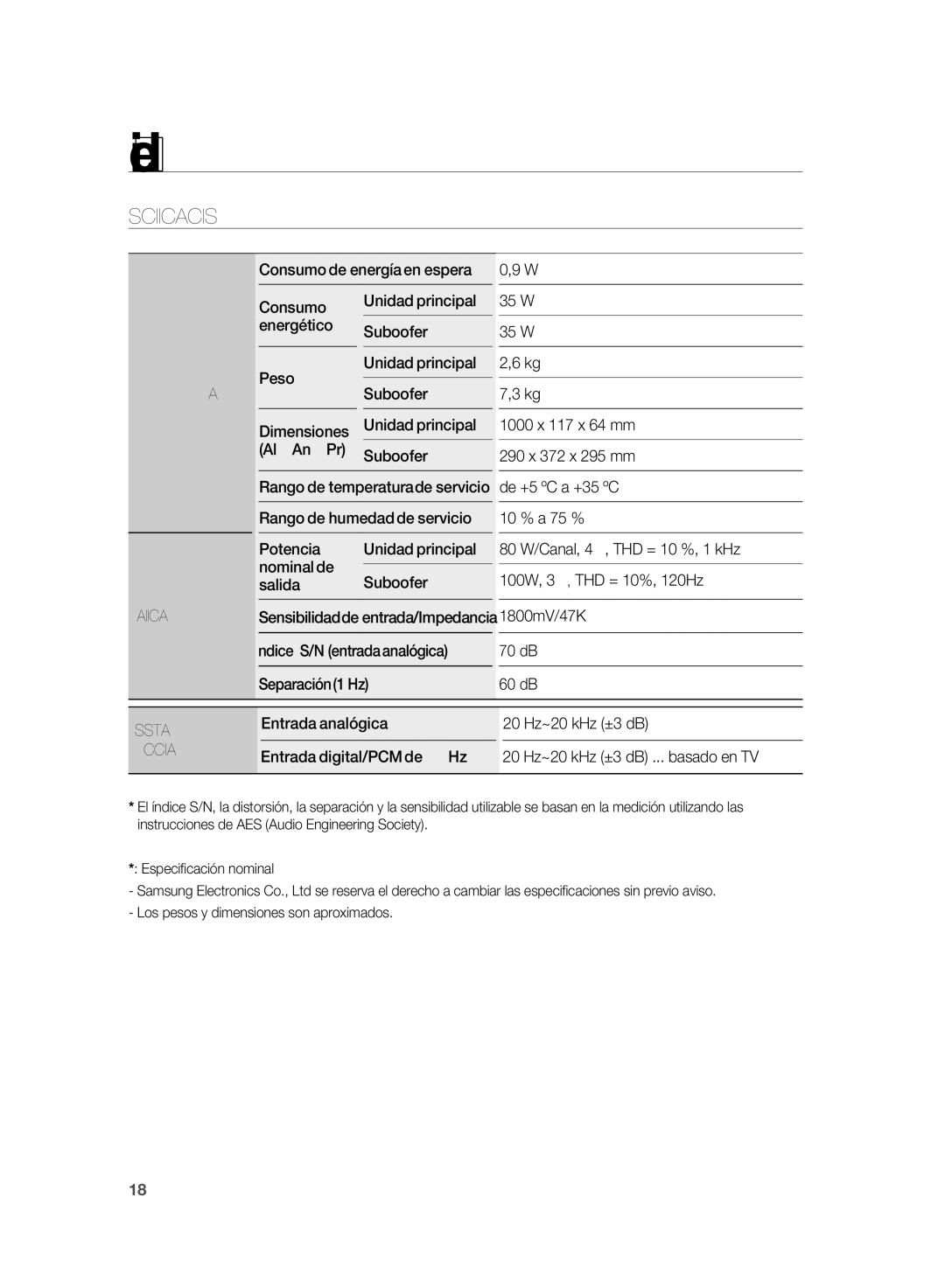 Samsung HT-WS1R/XEF, HT-SB1G/XEF, HT-WS1G/XET, HT-WS1R/XET, HT-SB1R/XET, HT-SB1G/XET manual Apéndice, Especificaciones 