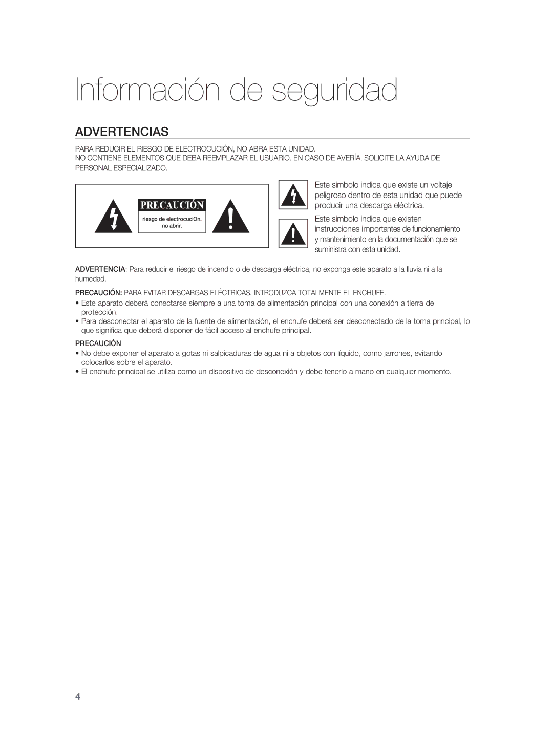 Samsung HT-SB1R/XET, HT-WS1R/XEF, HT-SB1G/XEF, HT-WS1G/XET, HT-WS1R/XET, HT-SB1G/XET Información de seguridad, Advertencias 