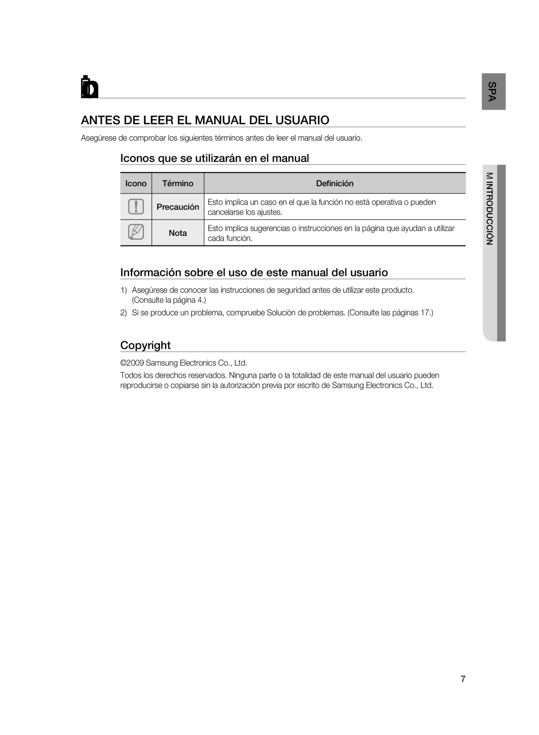 Samsung HT-SB1G/XEF, HT-WS1R/XEF, HT-WS1G/XET, HT-WS1R/XET, HT-SB1R/XET Introducción, Antes DE Leer EL Manual DEL Usuario 