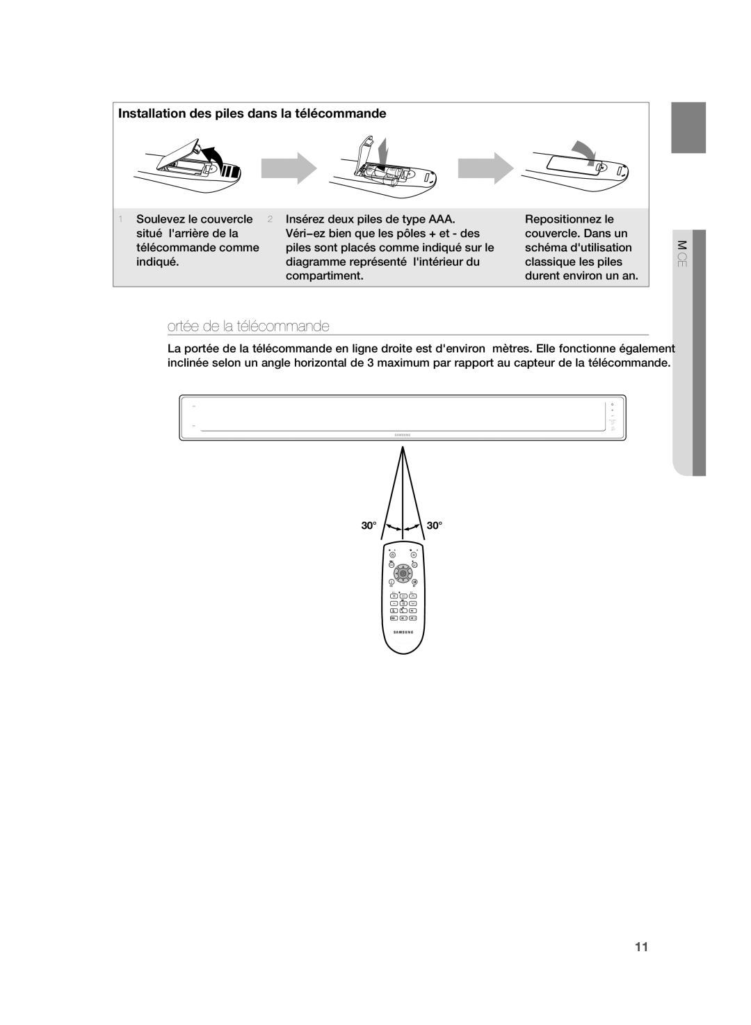 Samsung HT-SB1G/XEF, HT-WS1R/XEF, HT-SB1R/XEF, HT-WS1G/XEF manual Portée de la télécommande 