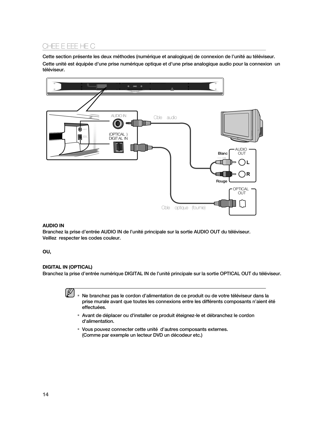 Samsung HT-WS1G/XEF, HT-WS1R/XEF, HT-SB1R/XEF, HT-SB1G/XEF manual Branchement DE Lensemble Home Cinéma, Câble optique fournie 