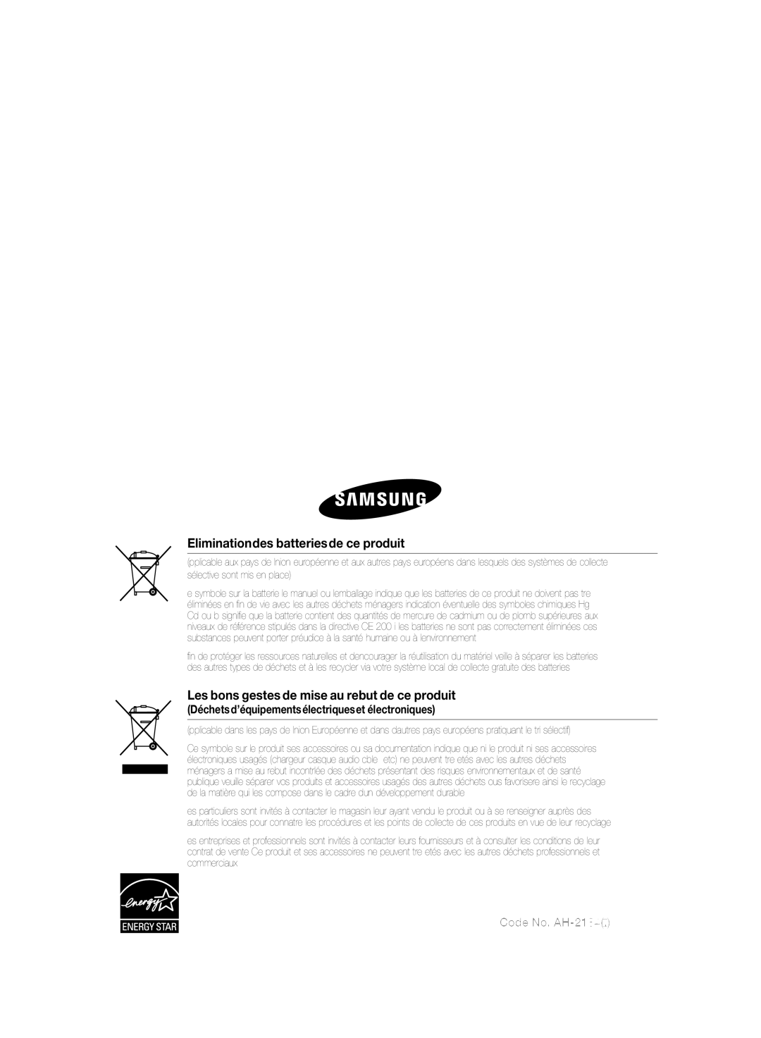 Samsung HT-WS1R/XEF, HT-SB1R/XEF, HT-WS1G/XEF Déchets d’équipements électriques et électroniques, Code No. AH68-02184F0.0 