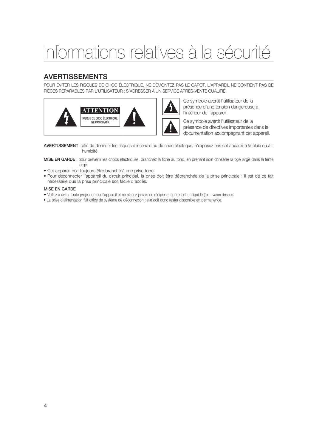 Samsung HT-WS1R/XEF, HT-SB1R/XEF, HT-WS1G/XEF, HT-SB1G/XEF manual Informations relatives à la sécurité 