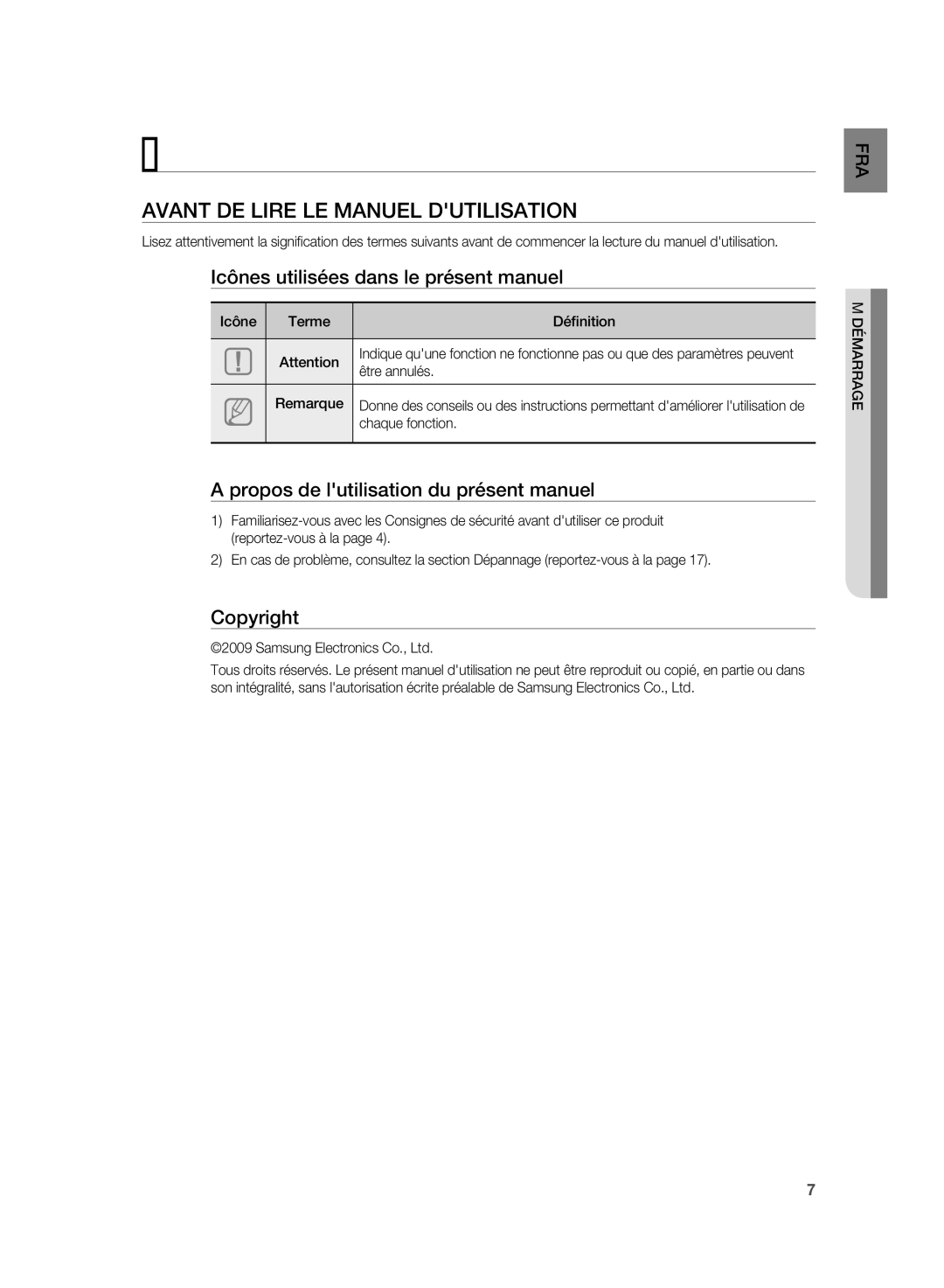 Samsung HT-SB1G/XEF, HT-WS1R/XEF, HT-SB1R/XEF, HT-WS1G/XEF manual Démarrage, Avant DE Lire LE Manuel Dutilisation 