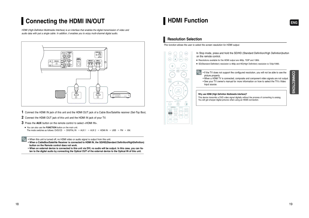 Samsung HT-WX70 instruction manual Connecting the Hdmi IN/OUT, Hdmi Function, Resolution Selection 