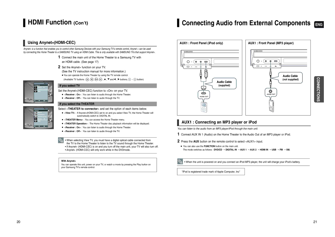 Samsung HT-WX70 instruction manual Hdmi Function Con’t, Using Anynet+HDMI-CEC, AUX1 Connecting an MP3 player or iPod 