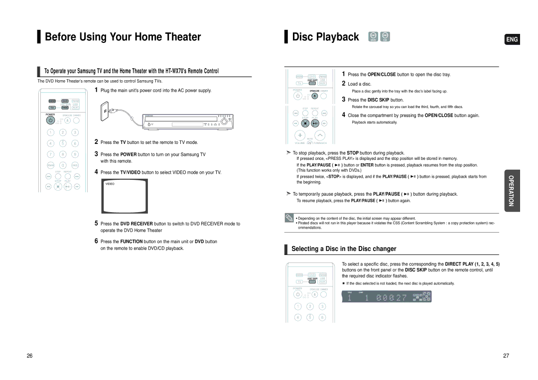 Samsung HT-WX70 Before Using Your Home Theater, Disc Playback DVD CD, Selecting a Disc in the Disc changer 