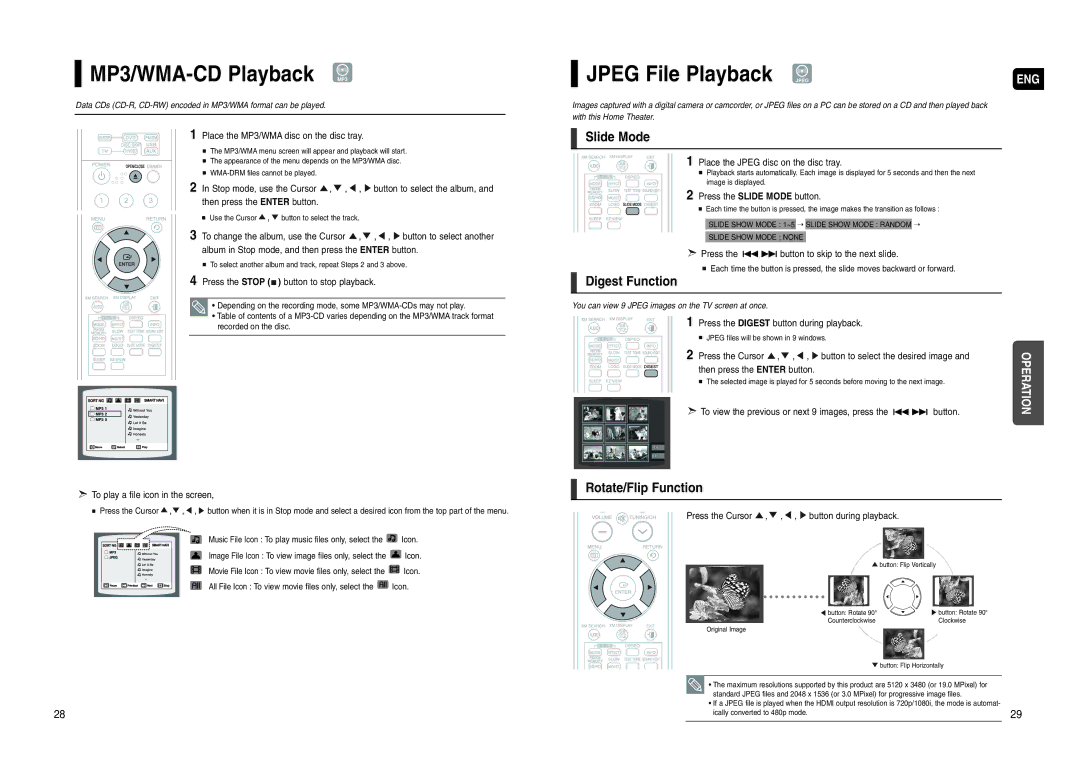 Samsung HT-WX70 MP3/WMA-CD Playback MP3, Jpeg File Playback Jpeg, Slide Mode, Digest Function, Rotate/Flip Function 
