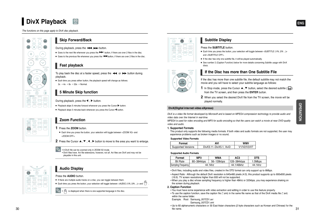 Samsung HT-WX70 instruction manual DivX Playback DivX 