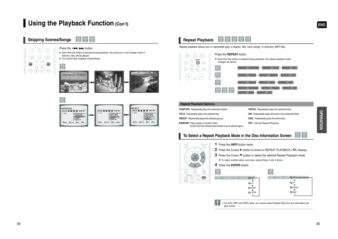 Samsung HT-WX70 Using the Playback Function Con’t, Skipping Scenes/Songs DVD CD MP3, Repeat Playback Options 