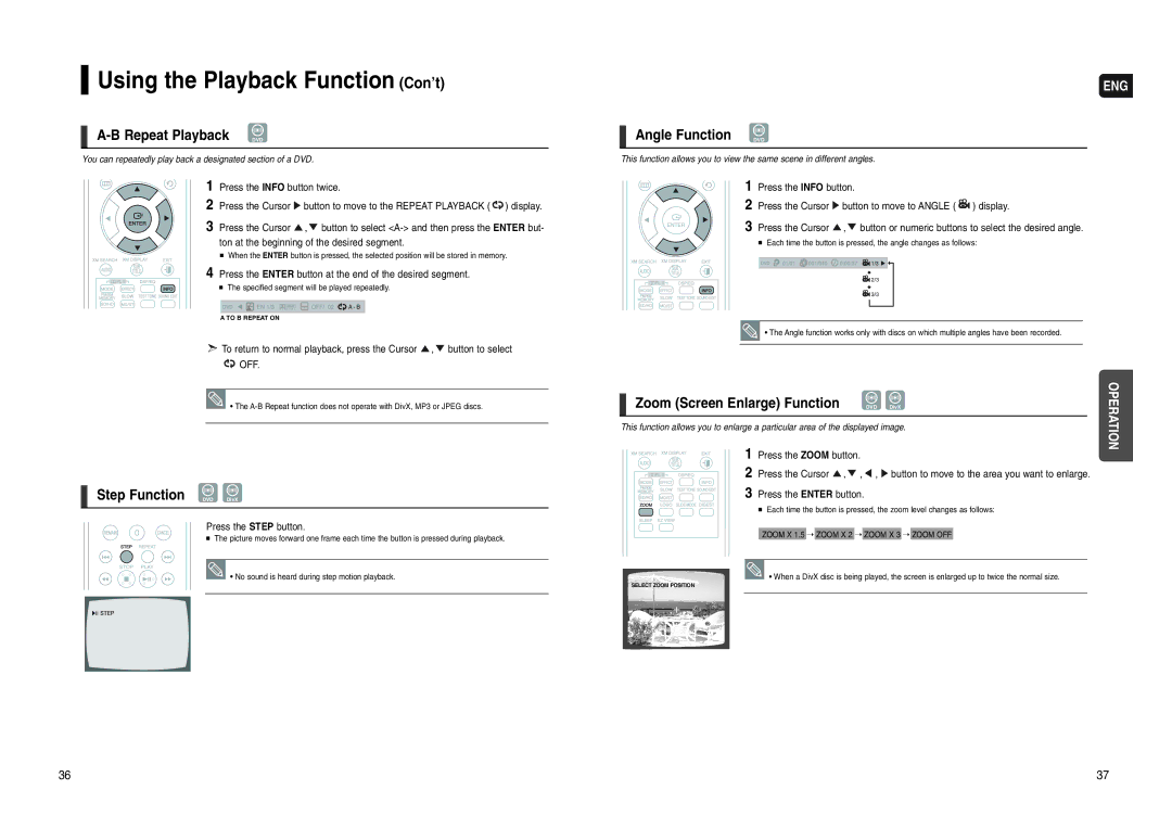 Samsung HT-WX70 instruction manual Repeat Playback DVD, Step Function DVD DivX, Angle Function DVD, Press the Step button 