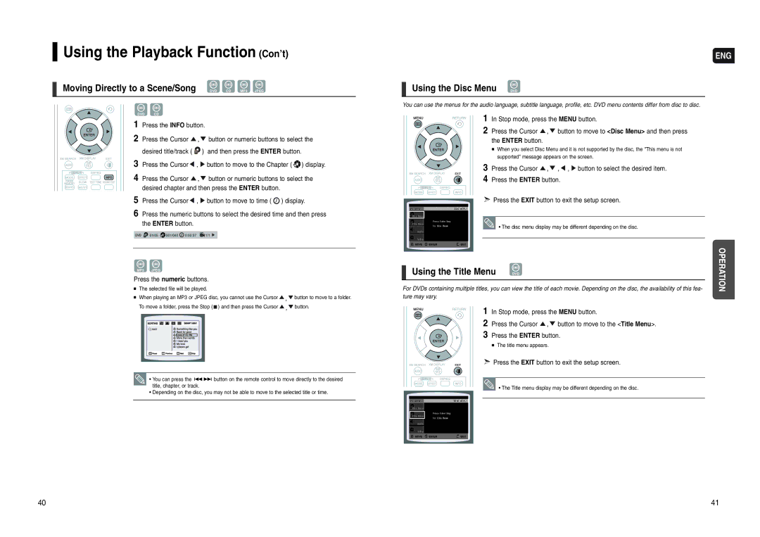 Samsung HT-WX70 Moving Directly to a Scene/Song DVD CD MP3 Jpeg, Using the Disc Menu DVD, Using the Title Menu 