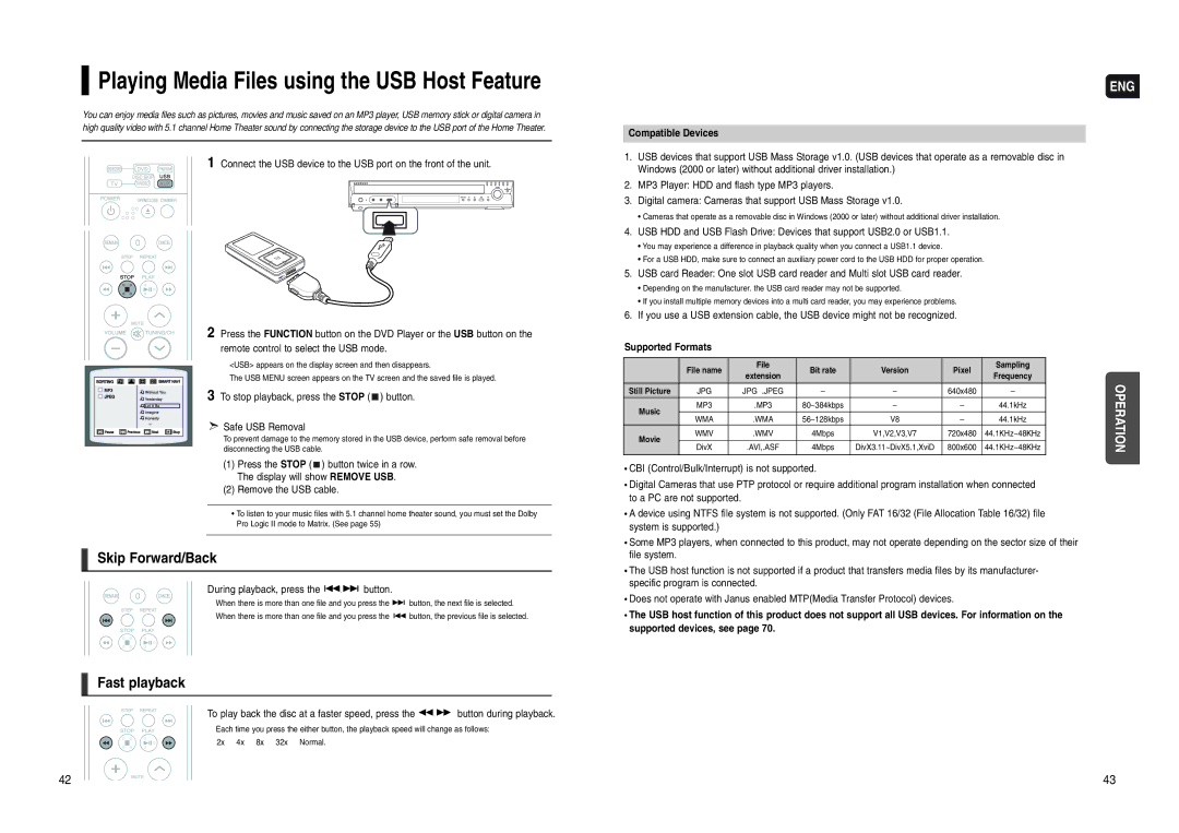 Samsung HT-WX70 To stop playback, press the Stop button Safe USB Removal, During playback, press the button, Music, Movie 