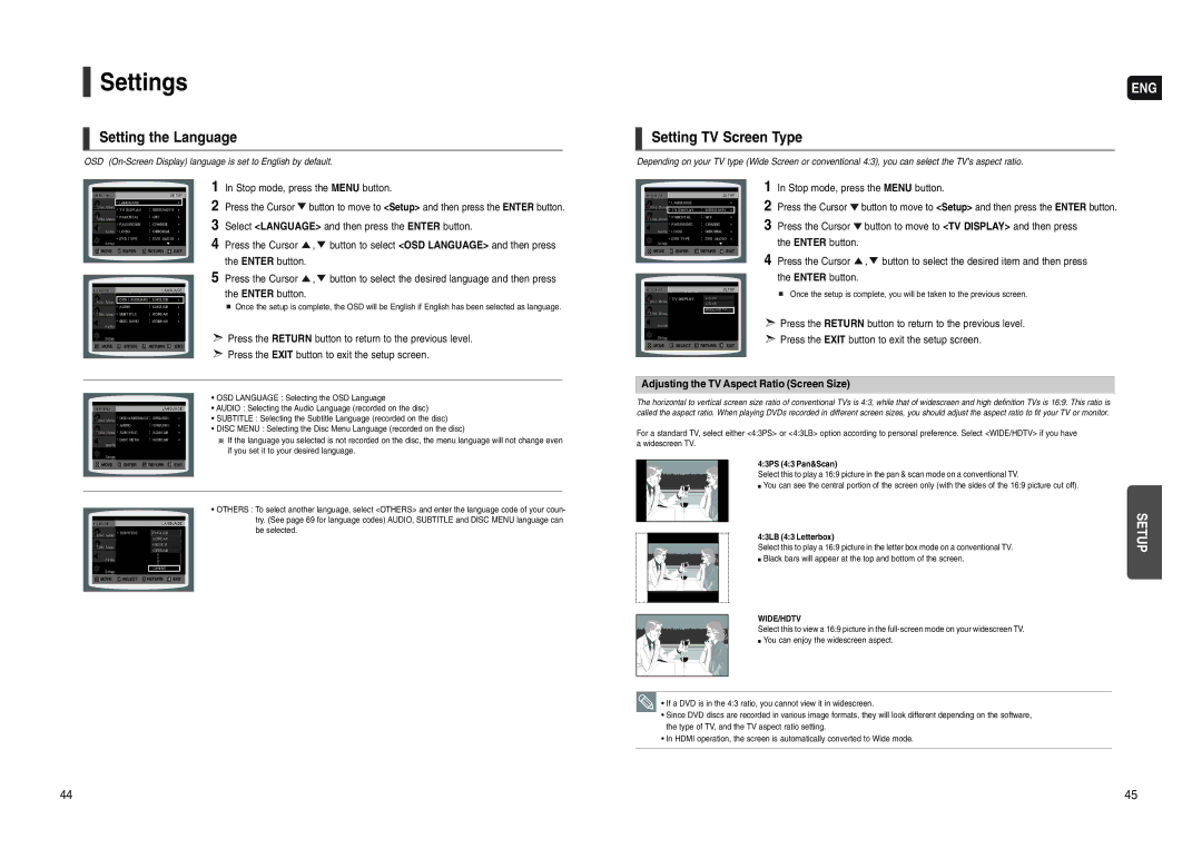 Samsung HT-WX70 Settings, Setting the Language, Setting TV Screen Type, Adjusting the TV Aspect Ratio Screen Size 