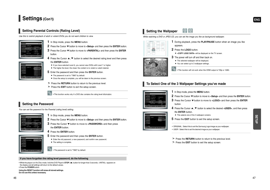 Samsung HT-WX70 instruction manual Settings Con’t, Setting Parental Controls Rating Level, Setting the Password 