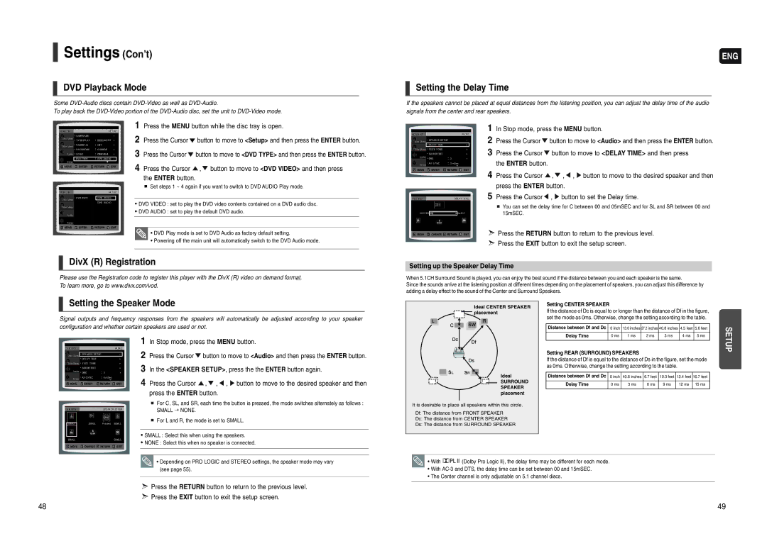 Samsung HT-WX70 instruction manual DVD Playback Mode, Setting the Delay Time, DivX R Registration, Setting the Speaker Mode 