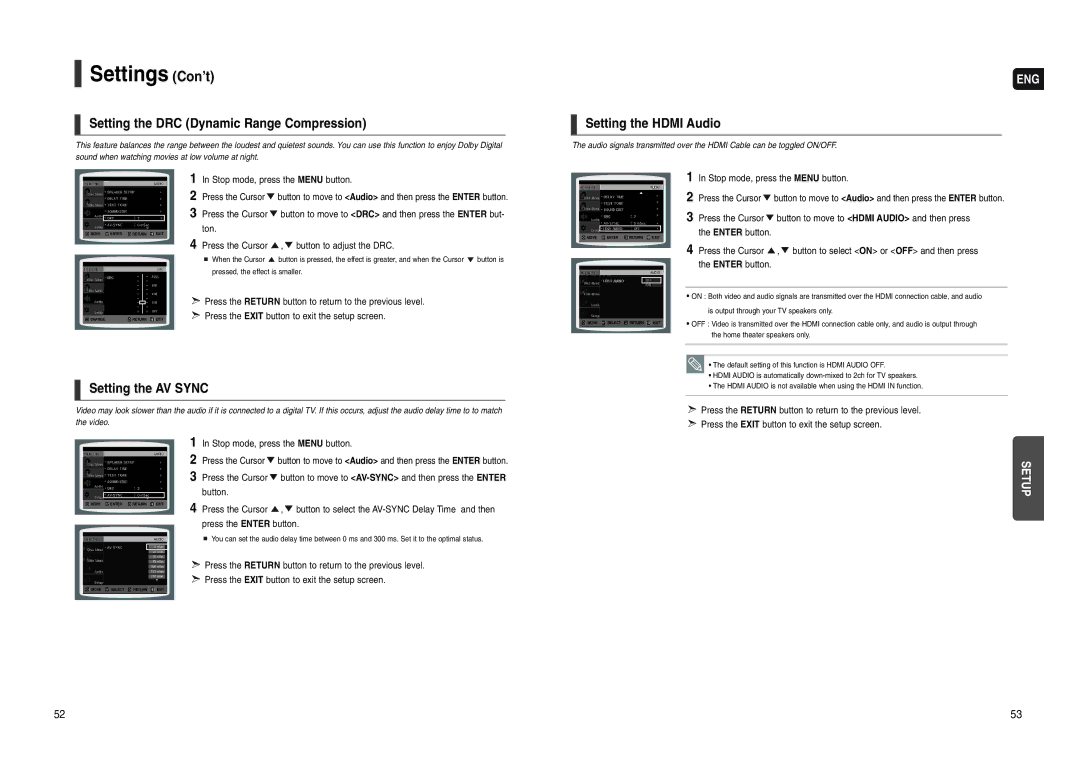 Samsung HT-WX70 instruction manual Setting the DRC Dynamic Range Compression, Setting the Hdmi Audio, Setting the AV Sync 