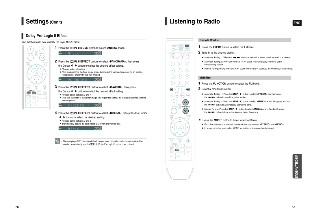 Samsung HT-WX70 instruction manual Listening to Radio, Dolby Pro Logic II Effect, Remote Control, Main Unit 