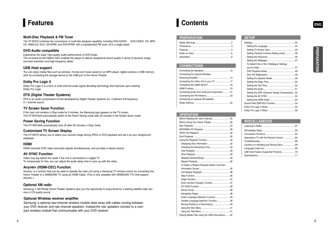 Samsung HT-WX70 instruction manual Features, Contents 