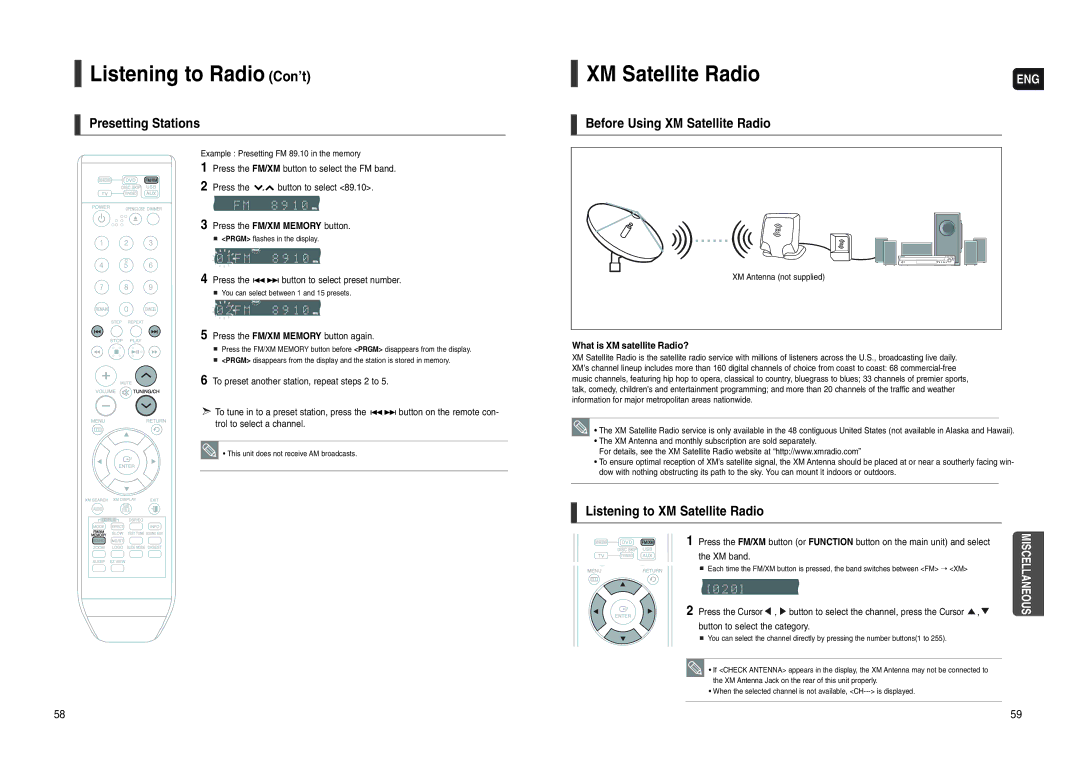 Samsung HT-WX70 instruction manual Listening to Radio Con’t, Presetting Stations, Listening to XM Satellite Radio 