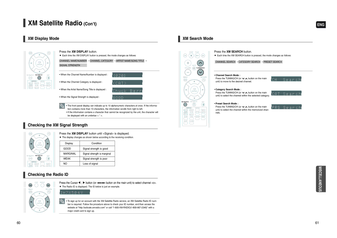 Samsung HT-WX70 XM Satellite Radio Con’t, XM Display Mode, Checking the XM Signal Strength, Checking the Radio ID 