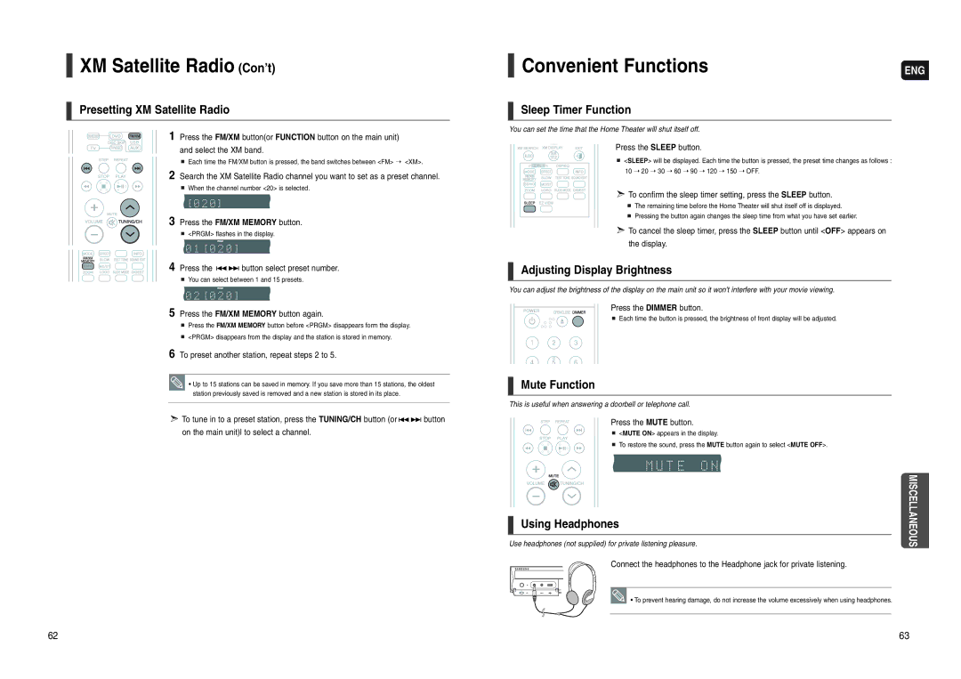 Samsung HT-WX70 Convenient Functions, Presetting XM Satellite Radio, Sleep Timer Function, Adjusting Display Brightness 