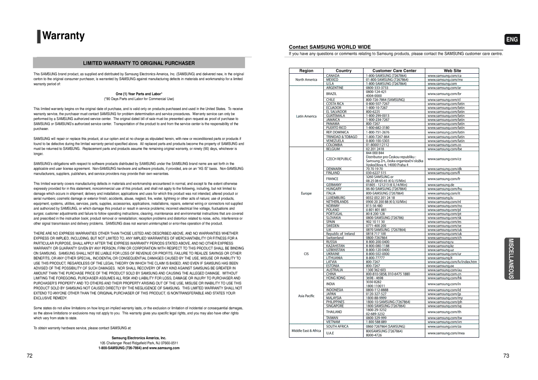 Samsung HT-WX70 instruction manual Warranty, Contact Samsung World Wide, Region Country Customer Care Center Web Site 