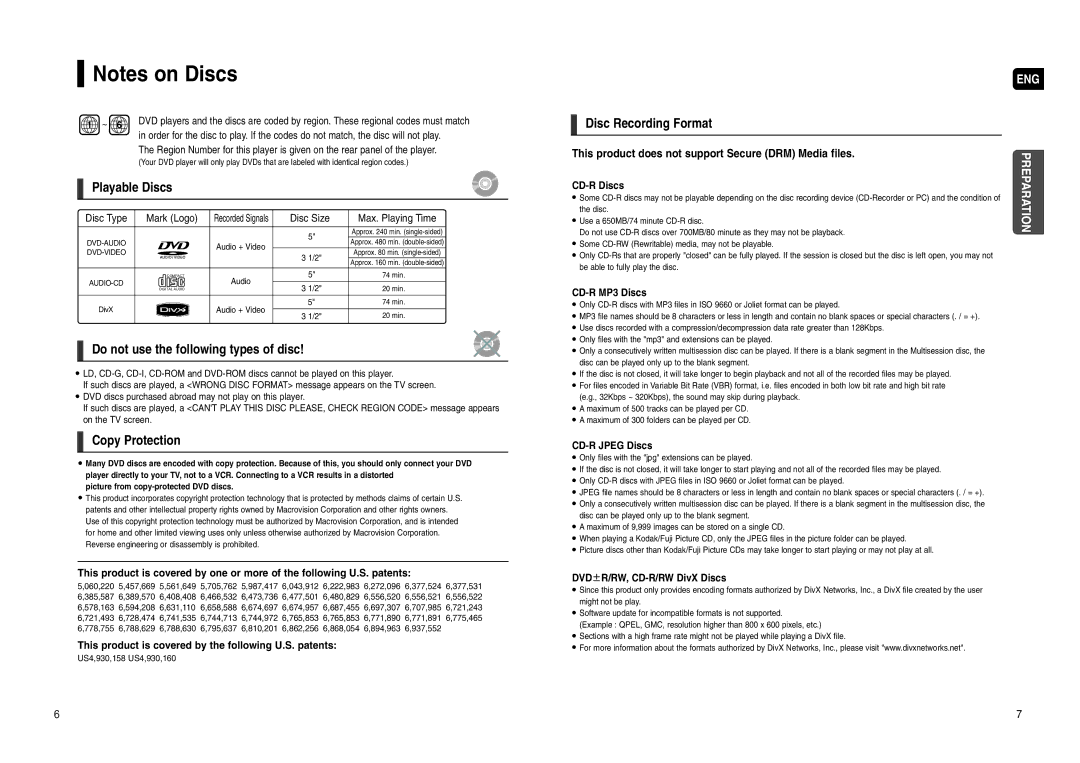 Samsung HT-WX70 Playable Discs, Do not use the following types of disc, Copy Protection, Disc Recording Format 