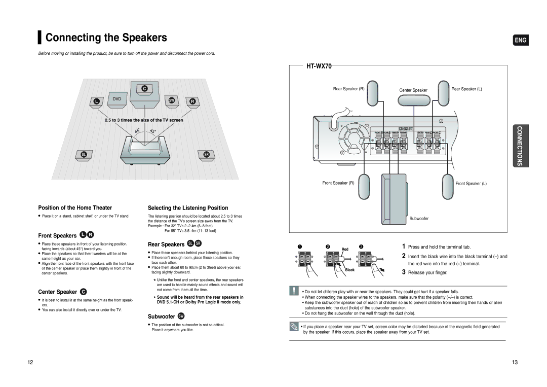 Samsung HT-WX70 instruction manual Connecting the Speakers 