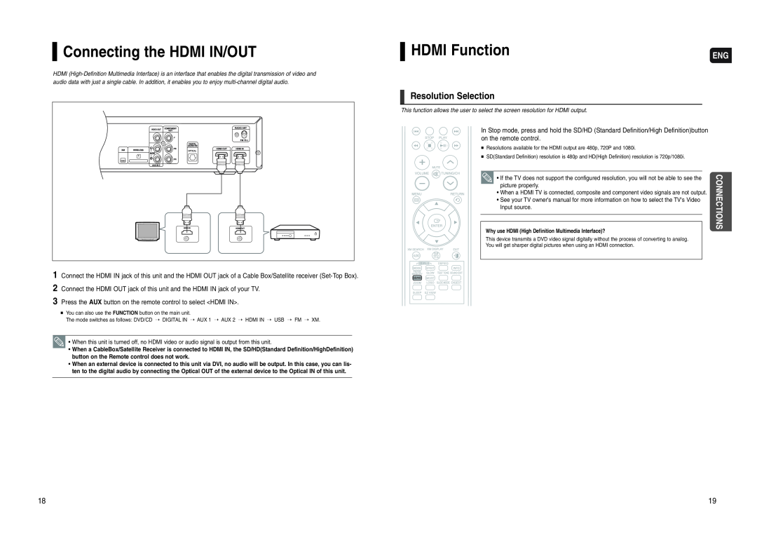 Samsung HT-WX70 instruction manual Connecting the HDMI IN/OUT, HDMI Function, Resolution Selection 